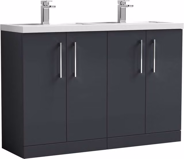 Balterley Level 1200mm Modern Floor Standing 4 Door Bathroom Unit with 2 Basins and Handles in Matt Dark Grey