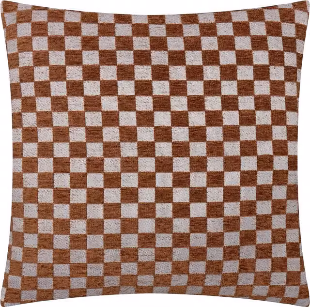 Larro Chenille Checkerboard Cushion in Orange and Brown Polyester
