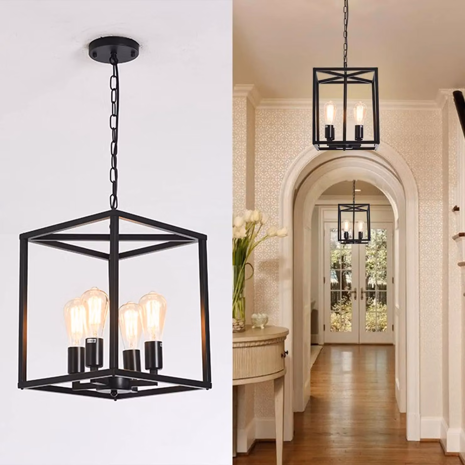 Garwarm Black 4-Light Industrial Vintage Lantern Pendant Light with Transparent Glass and Height Adjustable Metal Suspension – 3