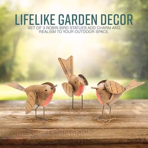 GloBrite Set of 3 Hand-Painted Robin Garden Ornaments in Brown and Multicolour Resin – 4