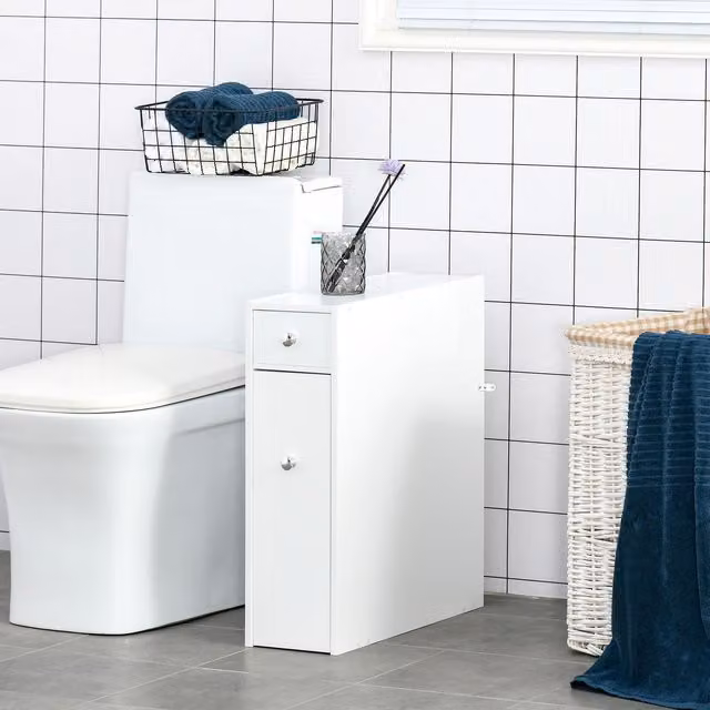 HOMCOM Slim White Wooden Bathroom Floor Cabinet and Narrow Toilet Storage Cupboard – 1