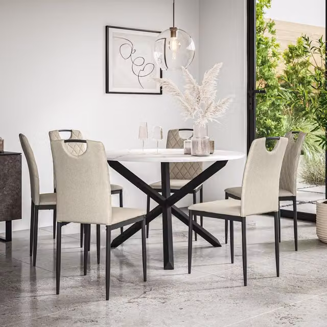 More4Homes Malvern Round Dining Table and 6 Monza Fabric Chairs Set, Marble Top with Black Solid Oak Legs in Beige