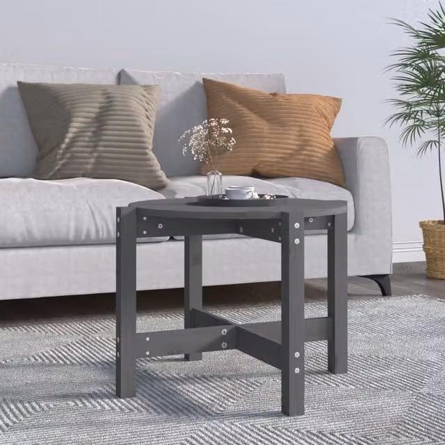 Berkfield Home Round Rustic Solid Wood Pine Coffee Table in Grey, W: 62.5 cm, H: 45 cm, D: 45 cm