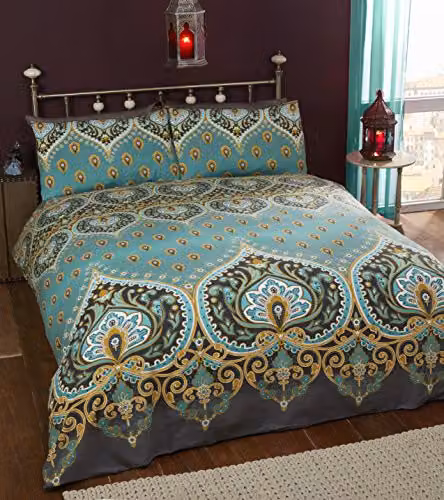Rapport Home Asha Green Mandala Polycotton Duvet Cover Set with Matching Pillowcase, W/D/H: 180 x 200 cm and 50 x 75 cm