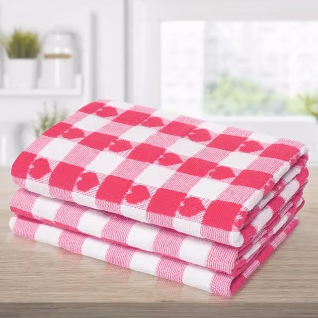 Kitchen Trends Pack of 3 Pink Hearts Pattern Jacquard Quick Dry Cotton Tea Towels