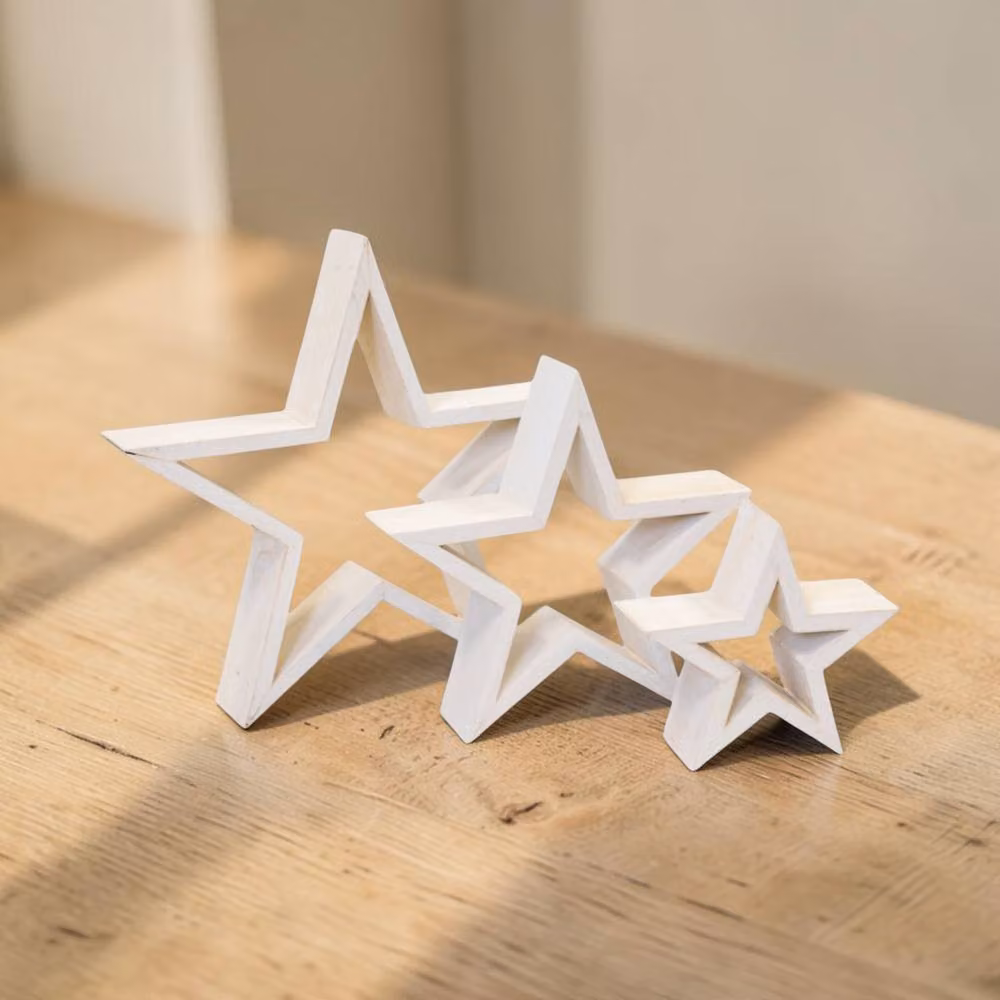 Four Candle Set of 3 Whitewashed Wooden Christmas Star Decorations in Off-White – 2