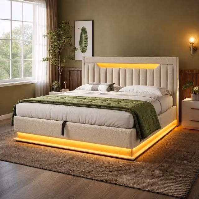 STILVORA Double Ottoman Bed with Storage, Beige Upholstered Fabric, featuring USB Charging Ports and Under-bed Lighting, W/D/H: 140 x 200 x 137.16 cm