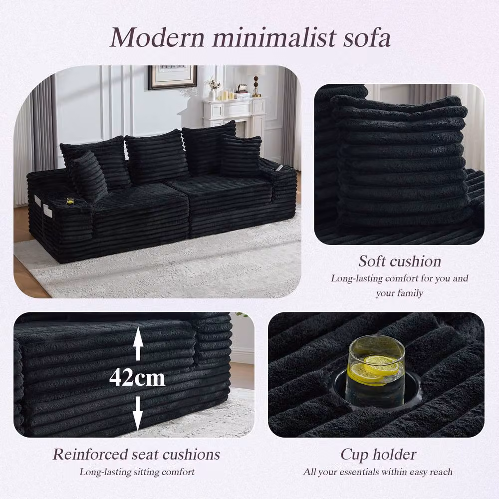 Matteo Black Corduroy Sofa Bed with Cup Holders and Sleeping Function – 4
