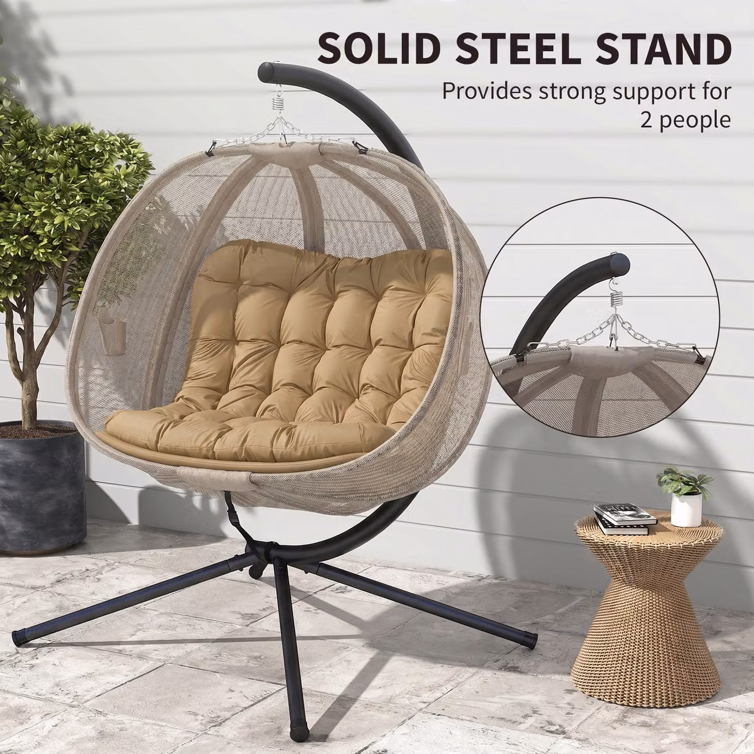 Outsunny Double Hanging Egg Chair 2 Seater Swing Hammock with Stand and Cushions in Brown – 6