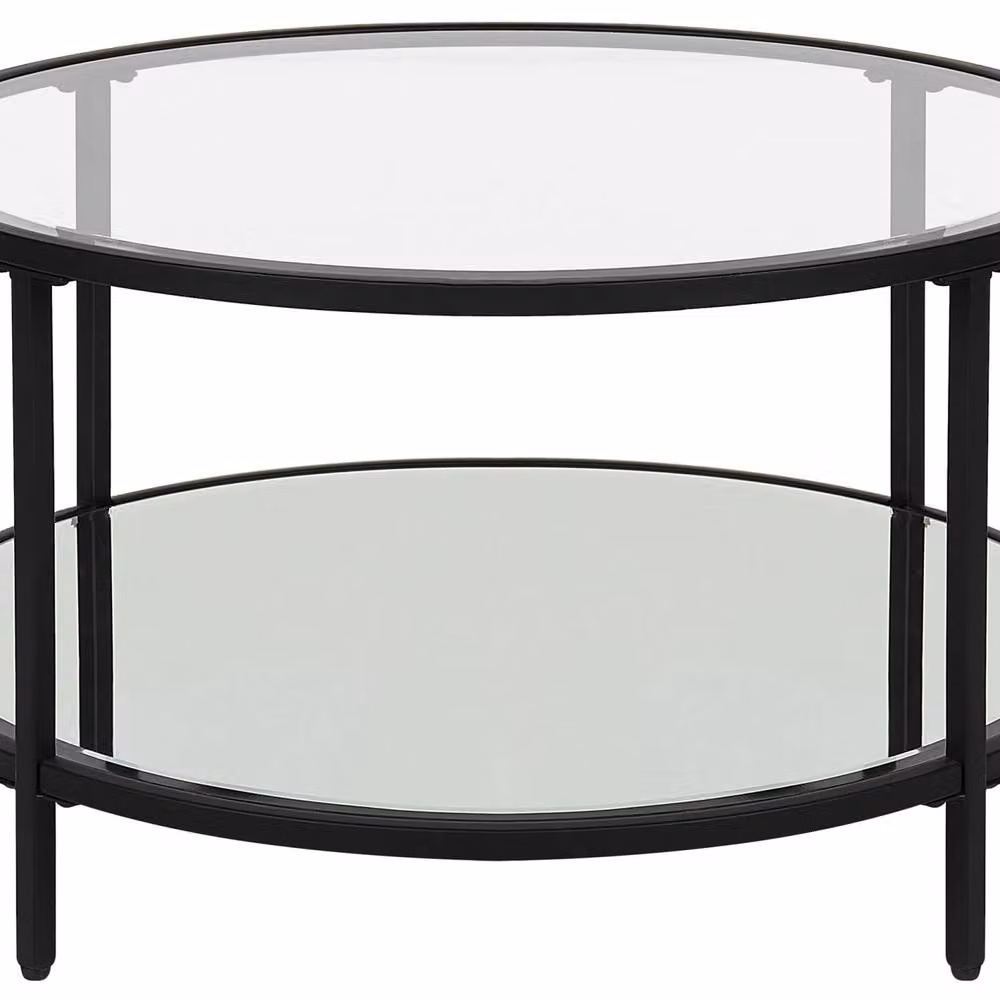 Wyld and Coco Round Tempered Glass Coffee Table with Black Iron Frame and Mirrored Shelf, Diameter: 70 cm, Height: 40 cm – 2