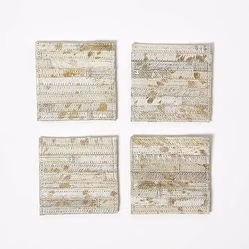 Homescapes Set of 4 Grey and Gold Square Leather Coasters, W/D/H: 10 x 10 x 10 cm