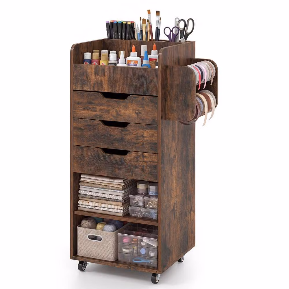 Costway Rolling Storage Cart Mobile Cabinet with 3 Drawers in Brown – 5