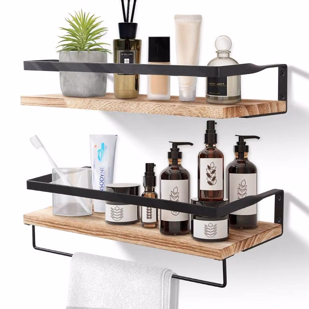 Havendro 2-Piece Brown Wooden and Metal Floating Wall Shelves Industrial Display Unit – 3