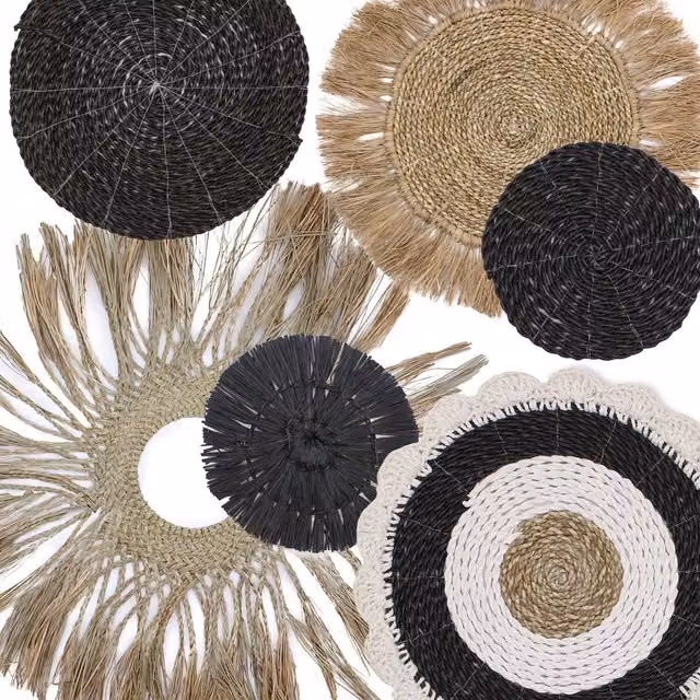 KDMK AbuAbu Collection Set of Six Natural Rattan Boho Wall Art in Multicolor and Yellow