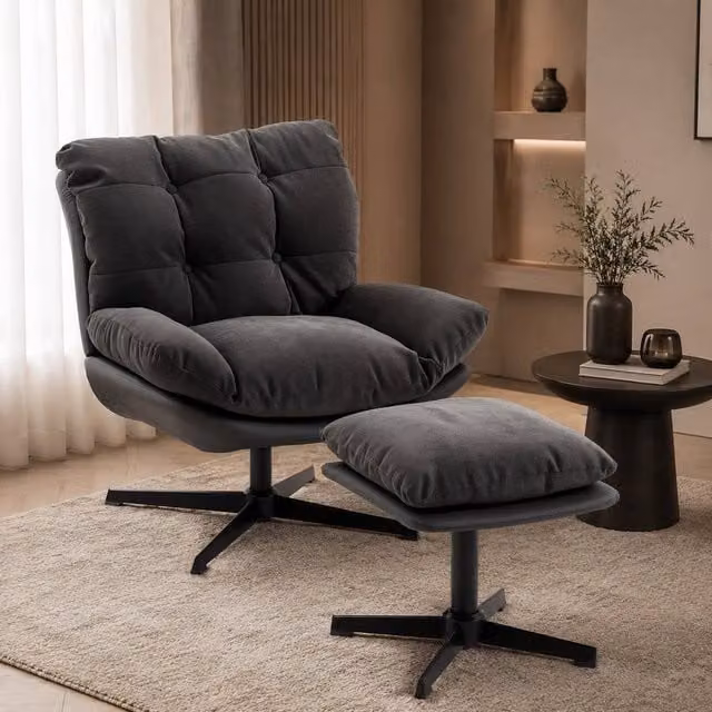 STILVORA Swivel Accent Chair with Ottoman, Grey Fabric and Metal Frame – 1