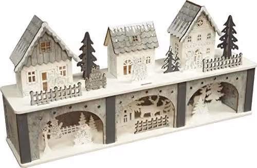 St Helens Home & Garden Battery Powered Wooden LED Light Up Christmas Festive Scene in Brown and White, W/D/H: 22.0 x 11.0 x 44.0 cm – 1