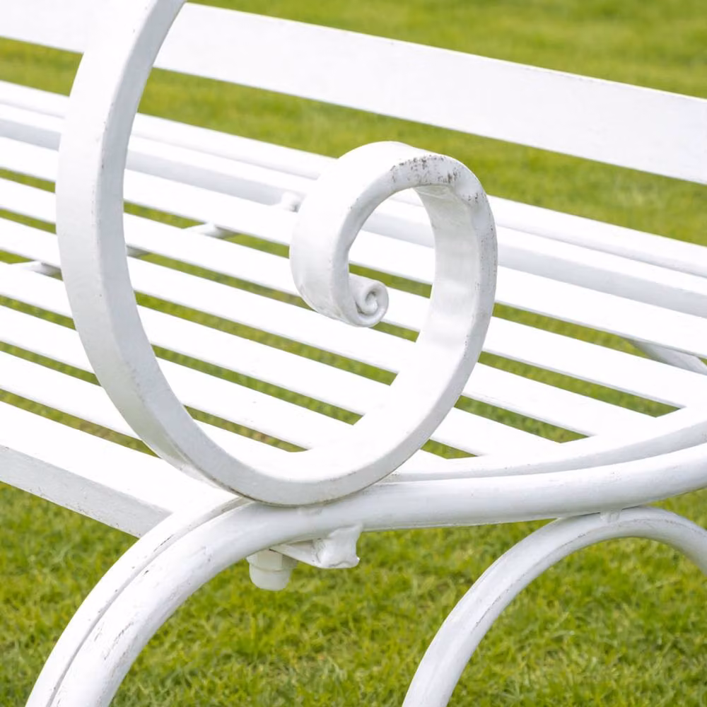 Melody Maison White Metal Ornate Distressed Garden Bench with Slats, W: 100 cm, H: 92 cm, D: 92 cm – 2