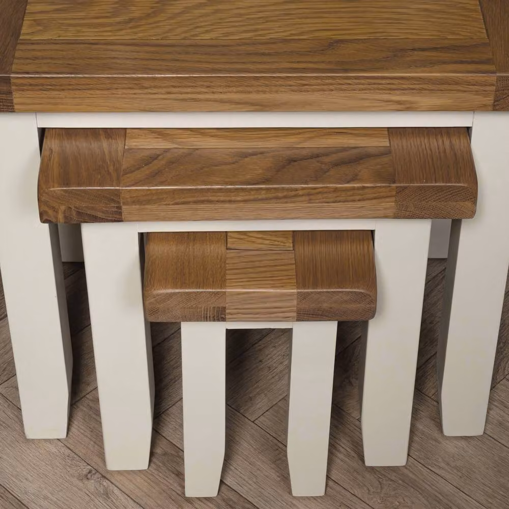 Elm Home And Garden Nest Of 3 Oak Side Tables in White and Beige – 4