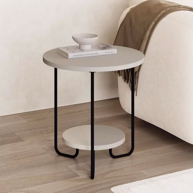 FWStyle 2 Tier Round Sandstone Side Lamp Table in Beige – 1