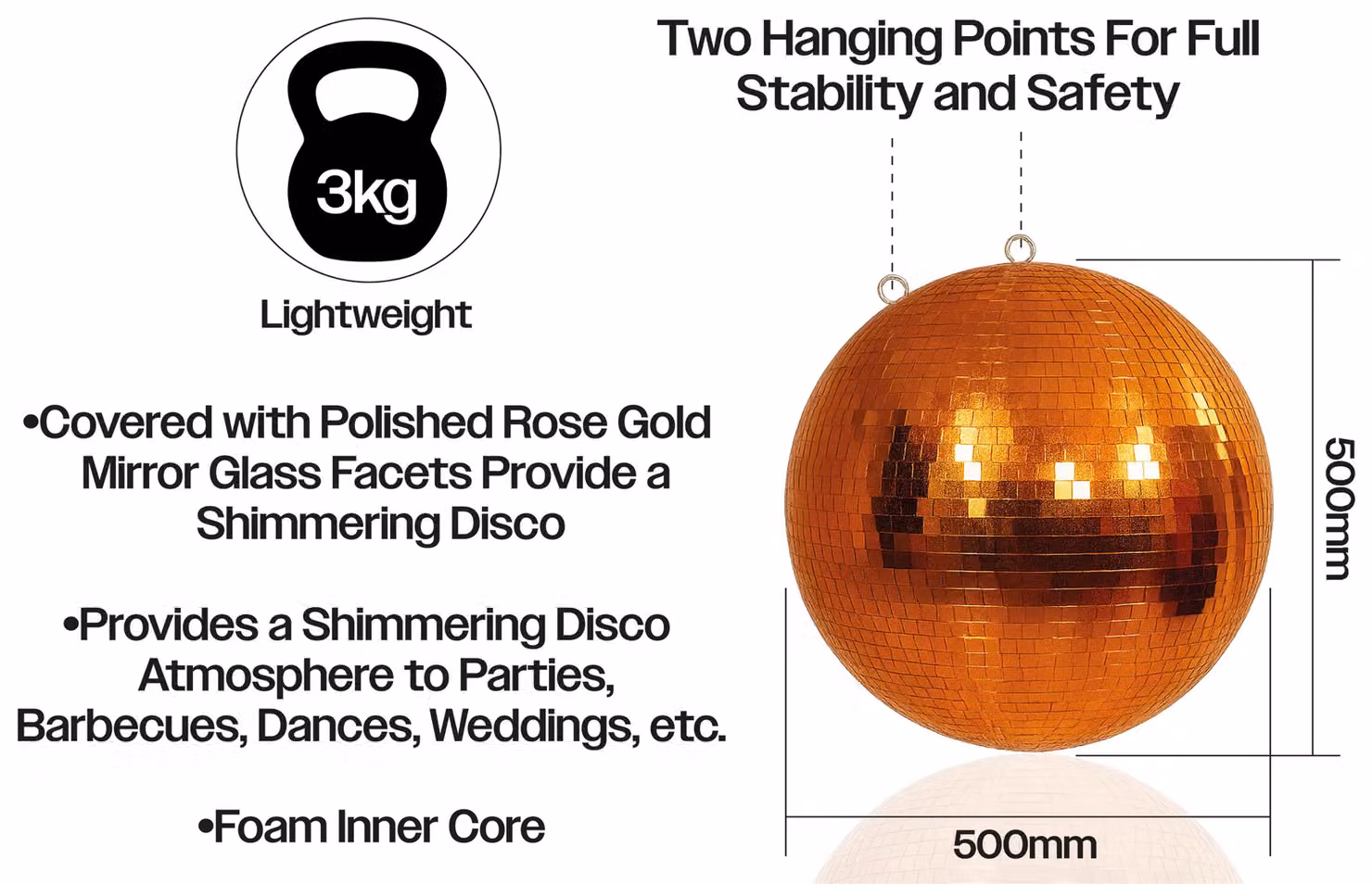 Netagon Rose Gold Mirror Disco Ball Bauble, Diameter: 50 cm – 2