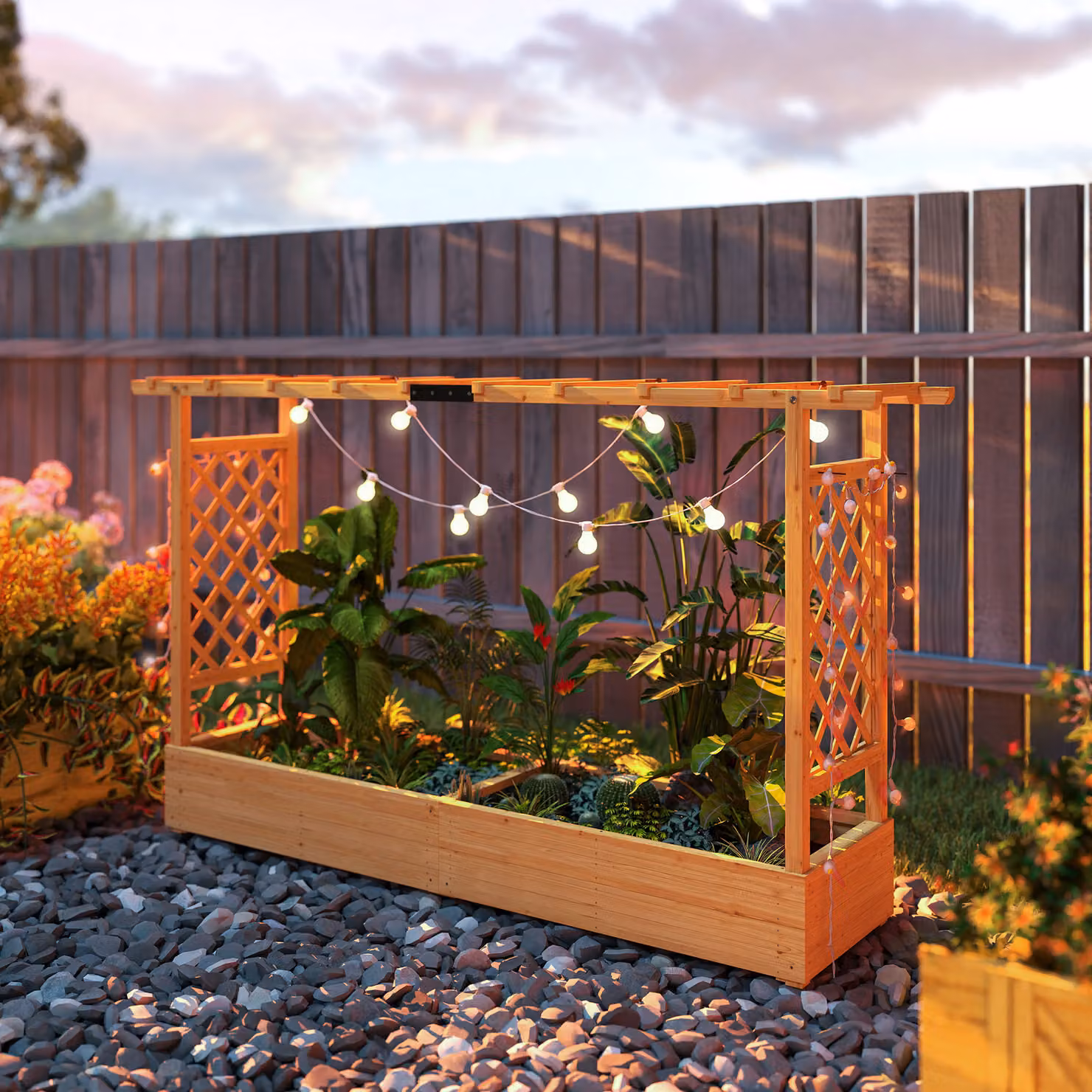 Outsunny Brown Wooden Raised Planter with Trellis and Hanging Roof for Ornamental or Herb Gardens, W/D/H: 113.5 x 40 x 39 cm – 4