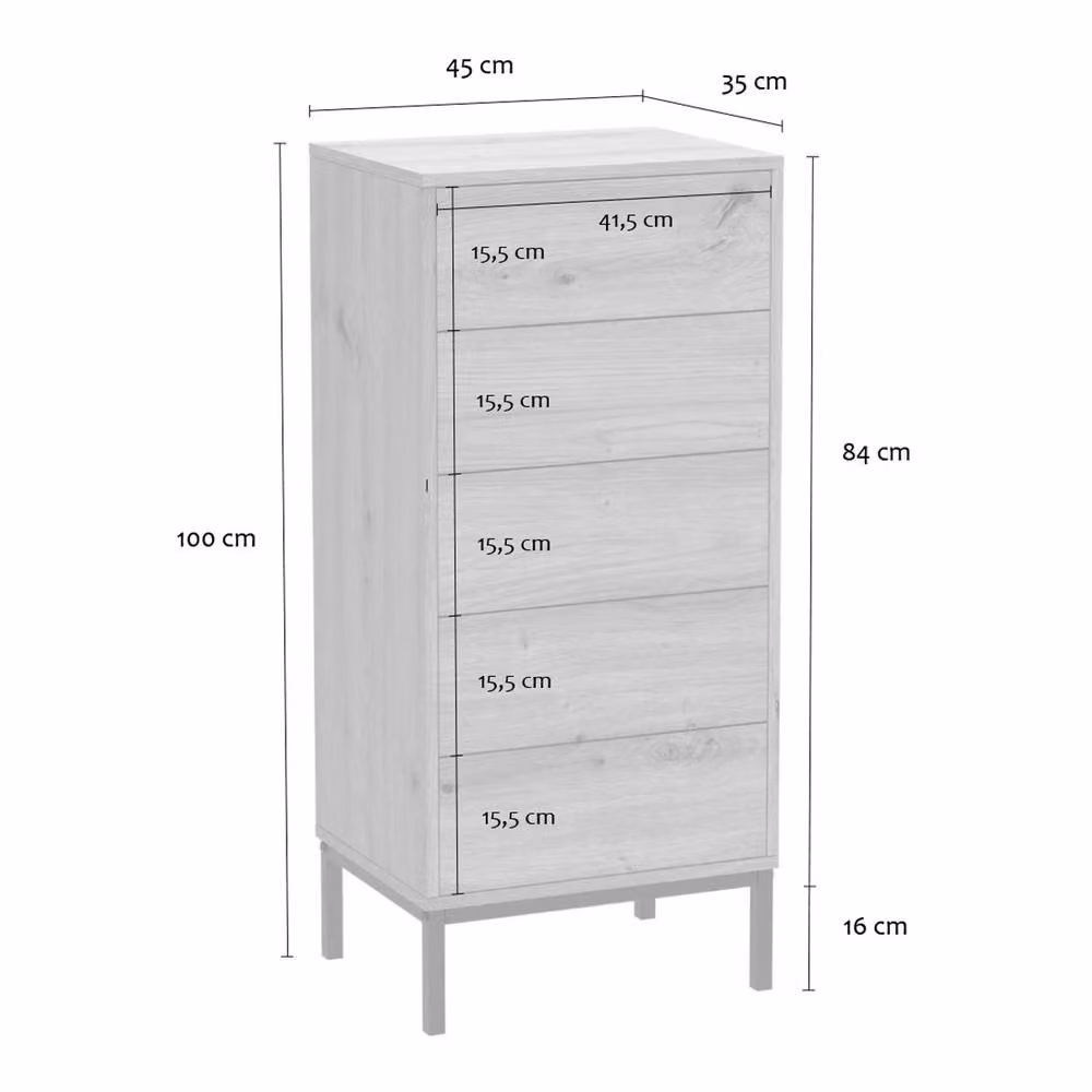 CALICOSY Lenny 5-Drawer Chest with Metal Legs in Light Brown, Height: 100 cm – 2