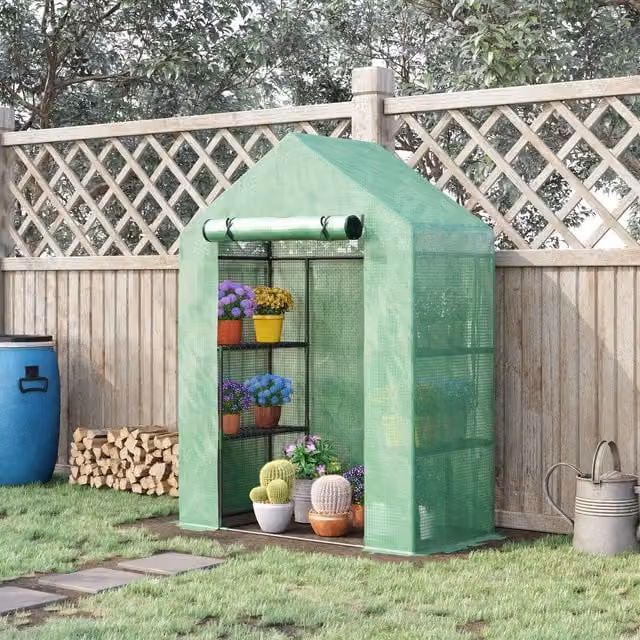 Outsunny Green Walk In Steel Greenhouse with Roller and Gable Design