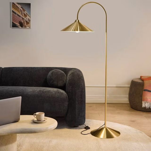 Wyld and Coco Arched Floor Lamp in Gold Metal with LED Downlighting