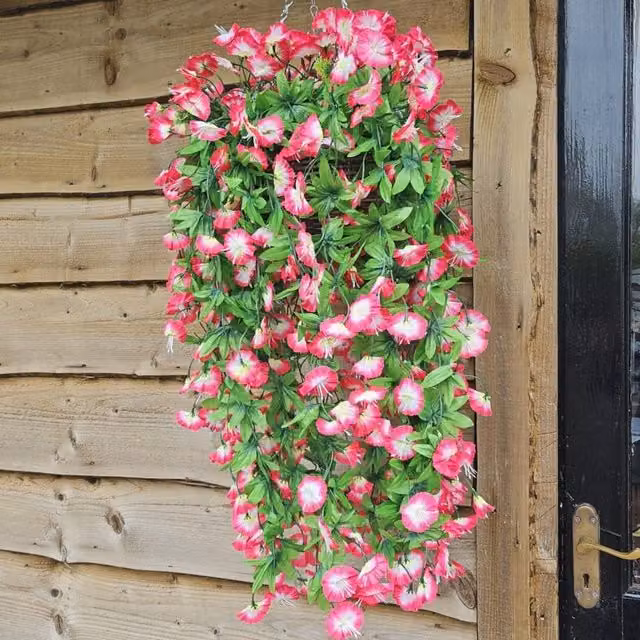 Best Artificial Ltd Morning Glory Trailing Flowers with Pink, White and Green Foliage in Rattan Wicker Hanging Baskets