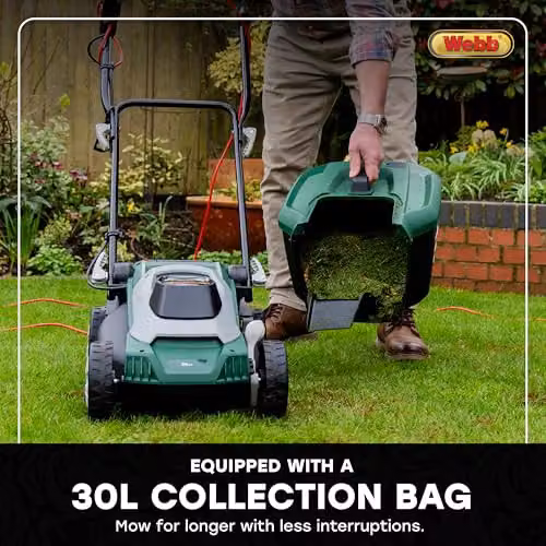 Webb Supreme WEER33RR Electric Rotary Lawnmower with Rear Roller, 33cm Cutting Width, 1200W Motor and 30L Collection Bag, Green – 7