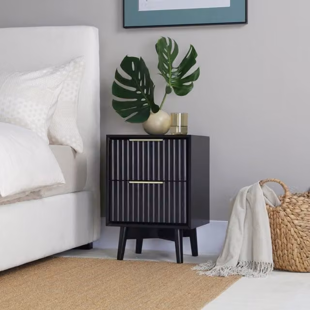 Monza 2 Drawer Bedside Table with Fluted Front in Black and Grey