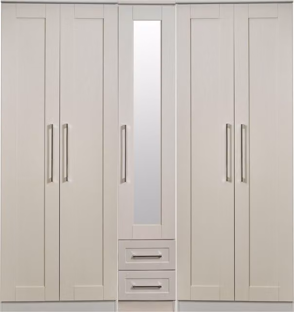 2 U Ripon Ready Assembled Tall 5 Door 2 Drawer Wardrobe with Mirror in Taupe