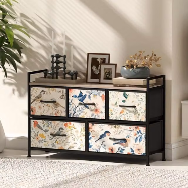STILVORA Modern 5-Drawer Chest of Drawers with Abstract Multicolour Design in White and Metal – 1