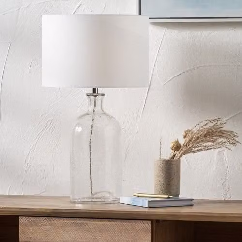 Ruma Clear Bubble Glass Table Lamp with White Fabric Shade – 1