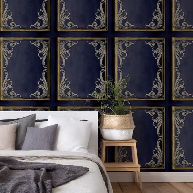 Grandeco Paul Moneypenny Navy Rococo Panel Wallpaper in Blue and Gold with Floral and Vintage Abstract Patterns