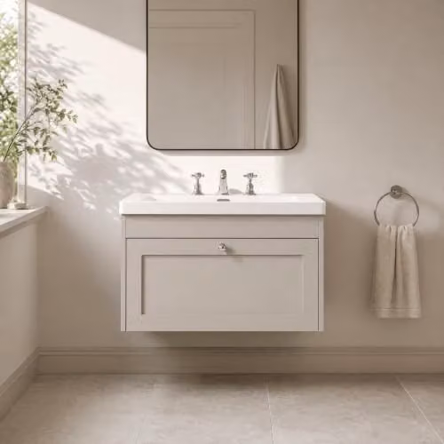 Balterley Wall Hung Single Drawer Vanity Unit with 3 Tap Hole Rectangular Basin in Pebble Grey, W/D/H: 80.0 x 45.3 x 43.1 cm – 2