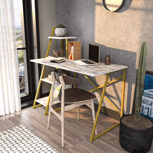 Decorotika Admira Modern Computer Desk with Metal Legs in Beige, White and Gold, W: 120 cm, H: 75 cm, D: 60 cm