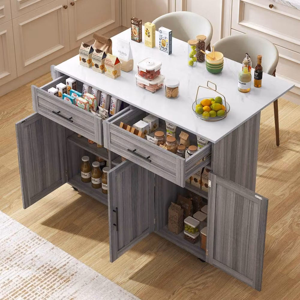Merax Kitchen Island Trolley with Foldable Tabletop and Storage Cabinet Drawers in Grey, W/D/H: 91.5 x 71.0 x 71.0 cm – 2