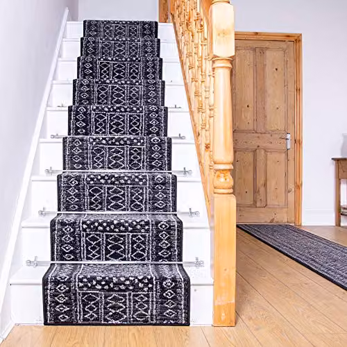 runrug Afrikans Black Ethnic Stair Runner, Machine Woven Polypropylene Carpet, W: 70 cm, L: 450 cm – 2
