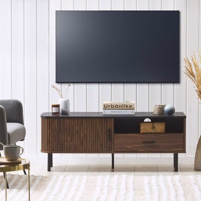 Wyld and Coco 54-Inch Retro TV Stand with Sliding Cabinet in Brown