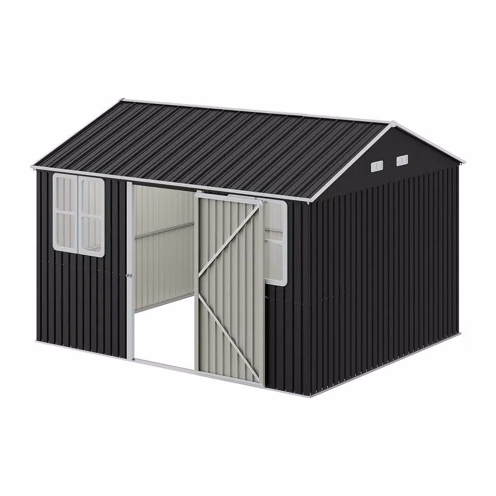 NESTLUNE Black Galvanised Steel Garden Tool Storage Shed with Gable Roof – 4