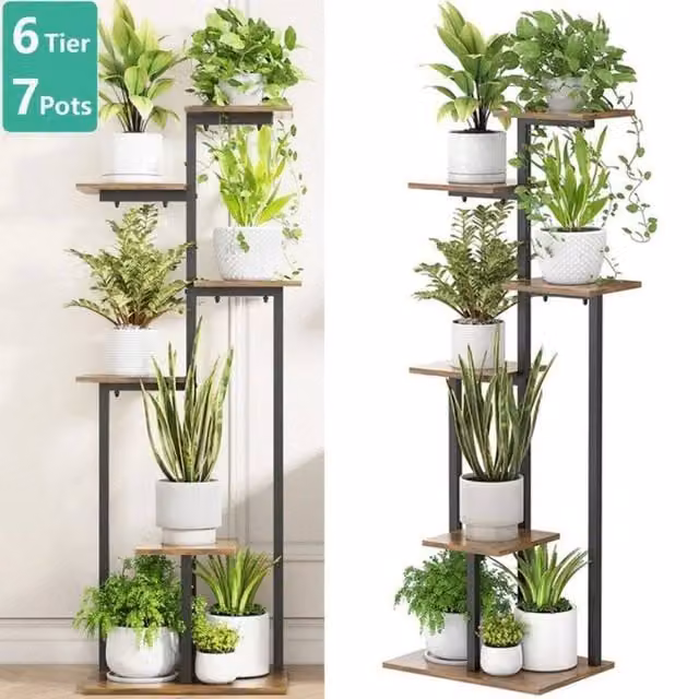 SPETLEK 6-Tier Metal and Wood Ladder Plant Stand in Matt Black, H 120 cm x W 40 cm – 1