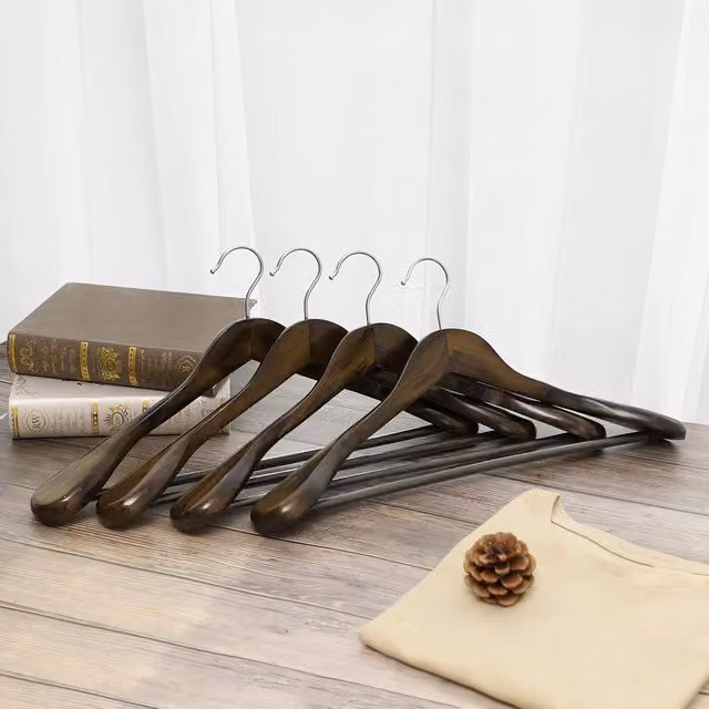 SONGMICS Set of 6 Solid Wood Suit Hangers with Contoured Shoulders and Non-Slip Bar in Brown
