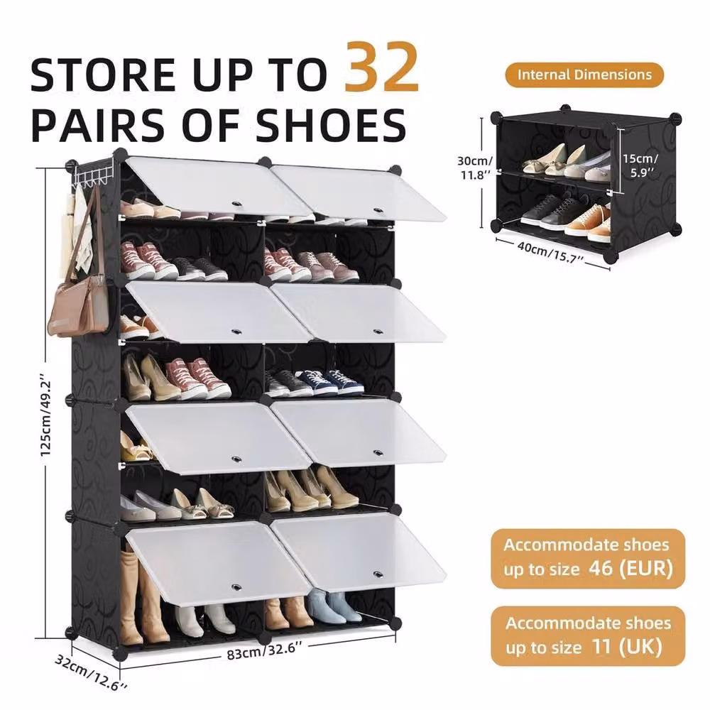 KORVIXA Black 8 Piece Portable Plastic Shoe Cabinet with Hinged Doors, W: 100 cm, H: 125 cm – 2