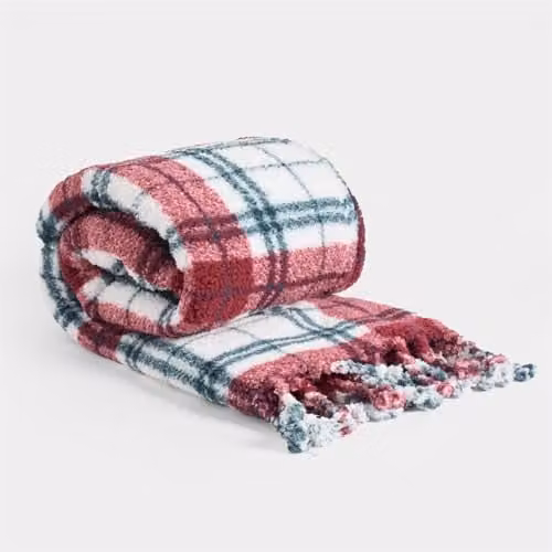 OHS Christmas Checked Sherpa Fleece Throw Blanket with Tassels, Red and Green, W/D/H: 120 x 150 cm