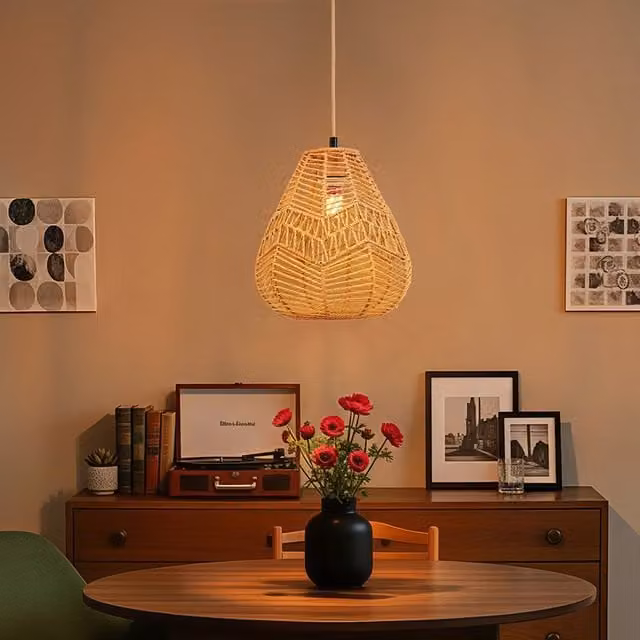 Livingandhome Brown Rattan Woven E27 Vintage Suspended Pendant Ceiling Light