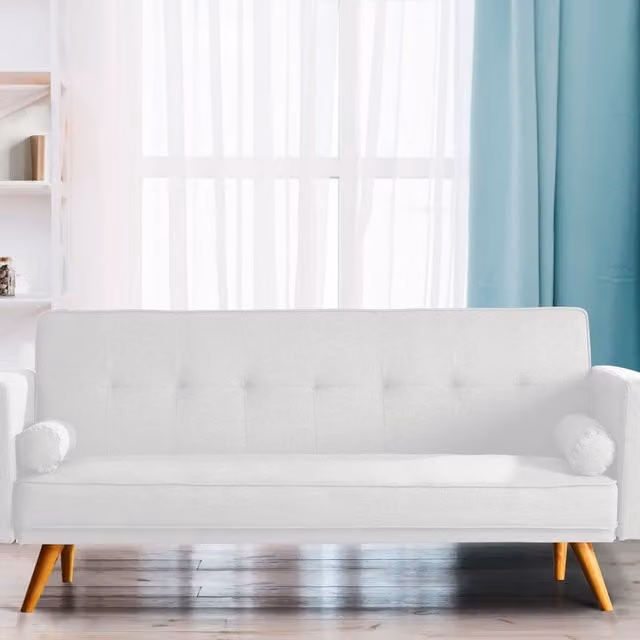 Comfy Living Modern Click Clack Linen Upholstered Sofa Bed in Beige and White