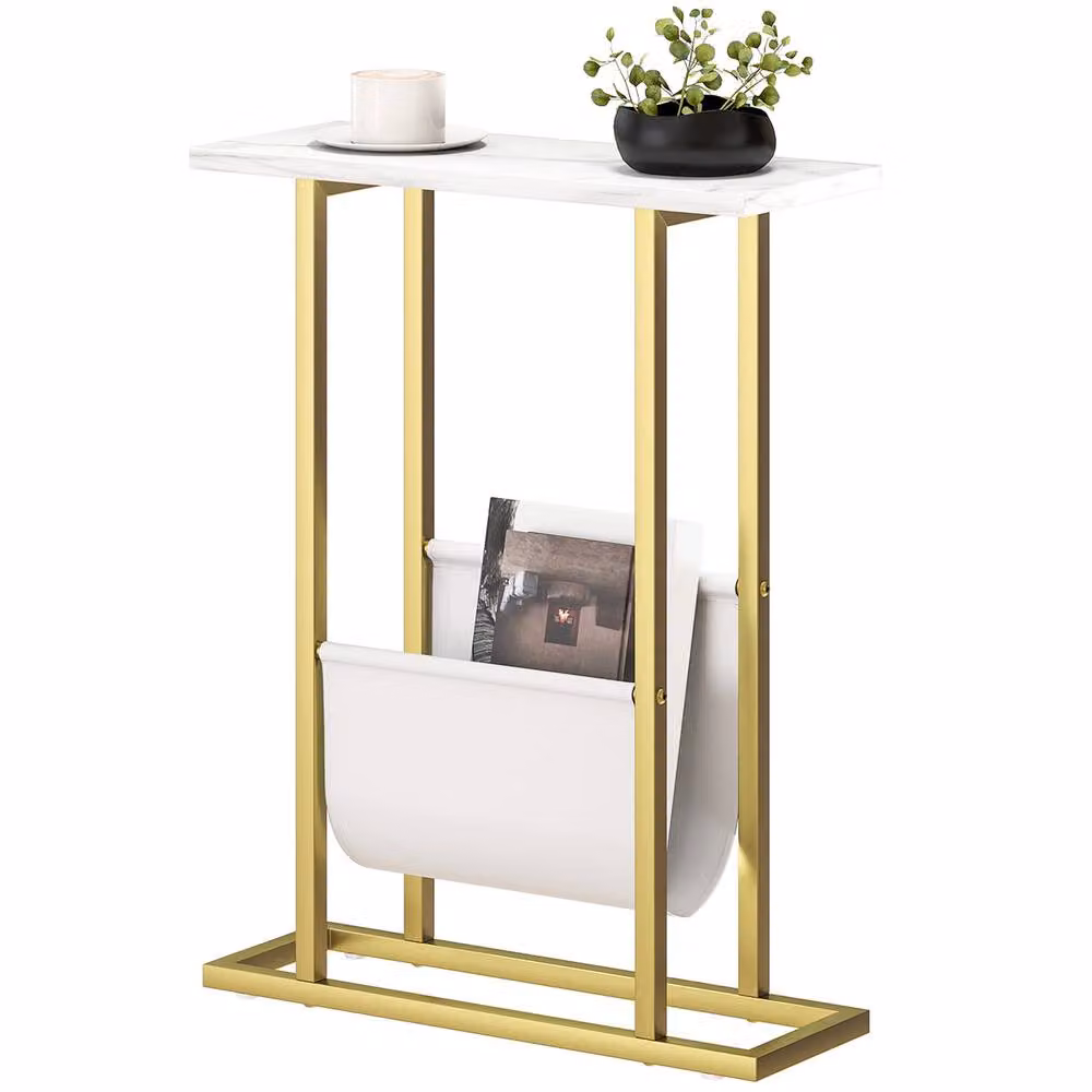 STILVORA Narrow Side Table with Fabric Shelf in White and Gold – 2