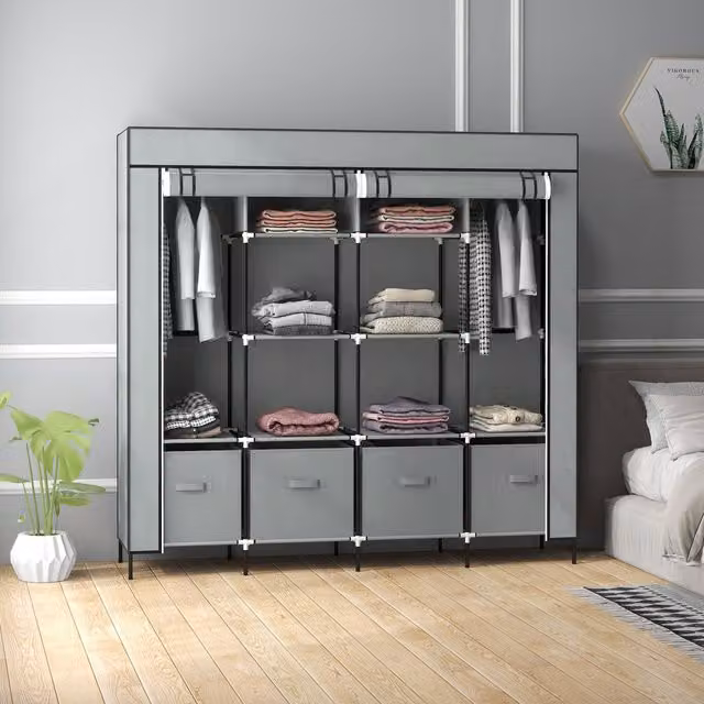 HOMCOM Large Fabric Wardrobe Closet in Grey with 10 Compartments and 2 Rails, H 166.0 cm x W 169.5 cm