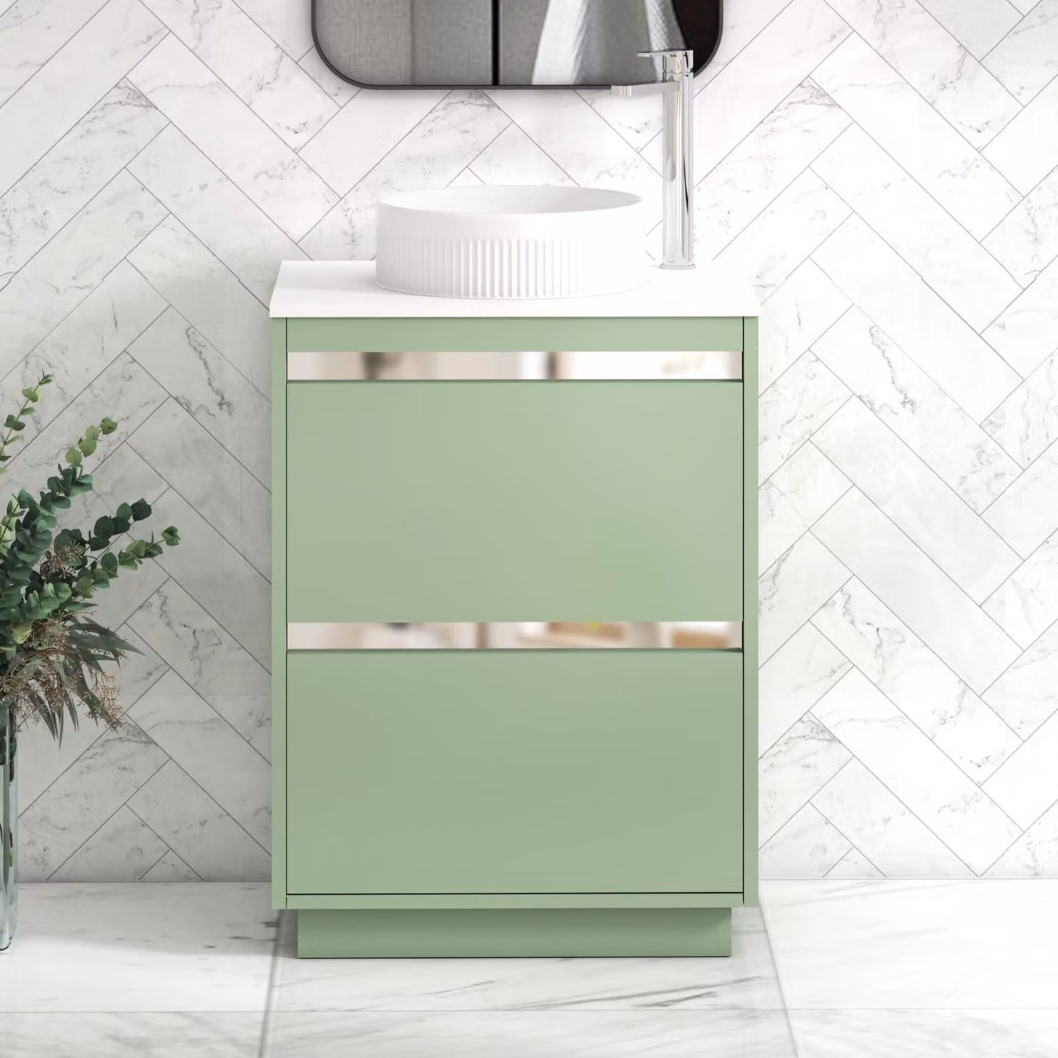 Royal Bathrooms Orion 600mm Mint Sage Floor Standing 2 Drawer Vanity Unit with Round Basin and Chrome Accent Trim